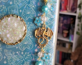 Blue Gold Dragon Kindle Charm Chain | Beaded Fantasy Kindle Kobo iPhone Accessory for Ereaders | Floral Kindle Decor Keychain