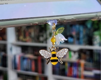 Charm Kindle floral bourdon, breloque liseuse, breloque pour téléphone, breloque prise anti-poussière, mini porte-clé, breloque USB, cadeau abeille mignon
