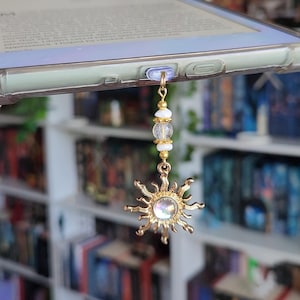 Sun Kindle Charm, Phone Charm, E-Reader Charm, Dust Plug Charm, Mini Keychain, USB Charm, Celestial Reader Gift