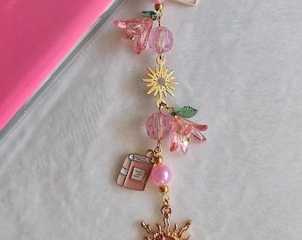 Llavero con colgante de sol rosa para Kindle / Accesorio floral con cuentas para Kindle, Kobo e iPhone / Lindo llavero decorativo para Kindle