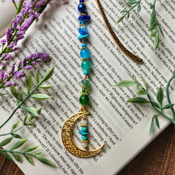 Crescent, Metal Hook Beaded Dangling  Bookmark, Bookish Decor, Charm Pendant Centrepiece, Book Lover Gift for Readers,Moon Crystal Aesthetic