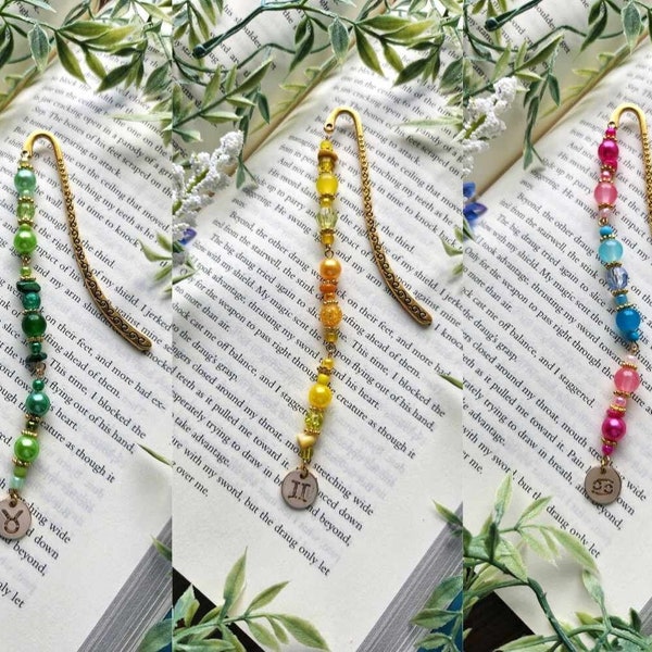 Zodiac, Metal Hook Beaded Dangling Bookmark, Bookish Decor, Charm Pendant Centrepiece, Book Lover Gift for Readers, Spiritual Aesthetic