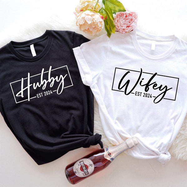 Retro Comfort Hubby & Wifey Shirt, Personalized Engagement Gift For Bride, Groom Wife Tee, Honeymoon Clothes, Wedding Party Outfit