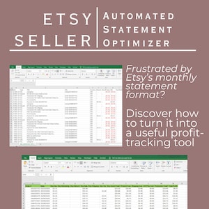 May include: A screenshot of a spreadsheet showing how to use an Etsy statement to track profit. The spreadsheet has columns for order number, date, Etsy fee, Etsy marketing, Etsy refund, Etsy sale, Etsy shipping, Etsy tax, grand total, product cost, shipping cost, VAT/tax cost, total cost, and total profit. The spreadsheet is labeled "Etsy Automated Statement Optimizer".