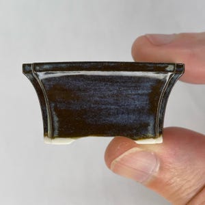 May include: A small, rectangular ceramic bonsai pot with a dark brown glaze and white accents. The pot has a flared shape and is held between two fingers. The bonsai pot is a miniature container for growing small trees.