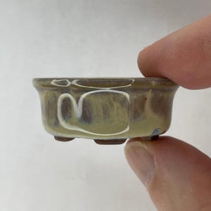 May include: A small, glazed ceramic bonsai pot. The pot is a muted olive green with brown and white accents. It has a rectangular shape with rounded corners and sits on three small feet. The pot is approximately 3 inches long.