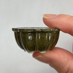 May include: A small, dark green ceramic pot with a fluted design and a white glazed base. The pot is approximately 2 inches in diameter.