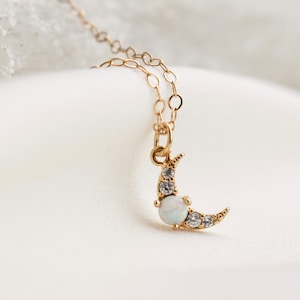 Gold Opal Necklace October Birthstone Everyday Necklace Aesthetic Necklace Gold Moon Necklace Moon and Star Necklace