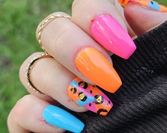 Neon Leopard Almond Press On Nails - Bright Summer Vacation Set
