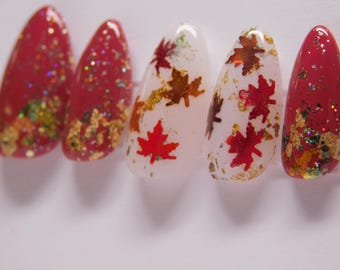 Autumn Maple Leaf Press-On Nails - Burgundy Gold Foil Fall Art Set