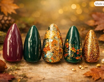 Handpainted Autumn Leaf Press-On Nails - Copper Cat Eye Glitter Coffin Fake Nails, Fall Nail Art Gift