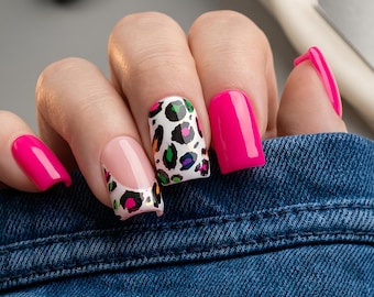 Leopard French Tip Press On Nails | Pink Animal Print | Trendy Y2K Safari Style | Reusable Luxury Nail Set