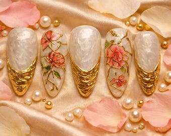 Coquette Pink Rose Fake Nails, gyaru nails, Vintage Floral Press On Nails, Formal Prom Wedding Nails, Reusable Nails
