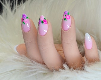 Wedding Press On Nails - Pink Purple Rose Design, Short Almond Shape, Elegant Reusable Bridal Set