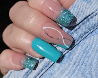 Turquoise Hand-Painted Press-On Nails with Glitter & Autumn Designs