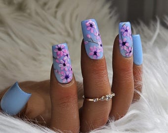 Hand Painted Blue Floral Press-On Nails | Pastel Cherry Blossom Custom Nail Set, Elegant Spring Flower Design