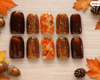 Fall Autumn Cat-Eye Press On Nails, Yellow Brown Orange Red Gold Glitter Butterfly Short Square Set shown