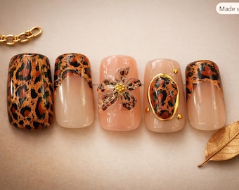 Leopard Print Press On Nails | Cat Eye Glue Ons with Burnished Gold Accents | Reusable Handmade Set