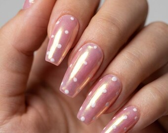 White Polka Dot Press On Nails | Chrome Peach Almond Tips | Elegant Custom Nail Art Set