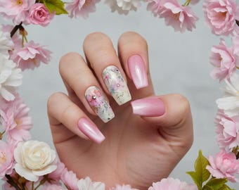 Pink Cat Eye Floral Press On Nails • Romantic Spring Garden Shimmer Set