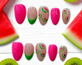 Tropical Watermelon Press On Nails | Summer Fruit Cute Pink Colorful Trendy Manicure Set