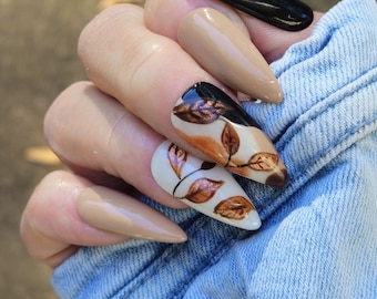 Custom Fall Nails, Beige Brown Black Stiletto Medium picturef, Autumn Art, Hand-Painted Design,