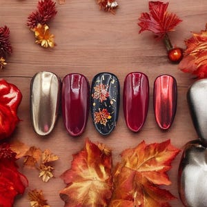 Nails, with autumn leaf design, reusable false nails, fall design, chrome, oval and square styles, with kit