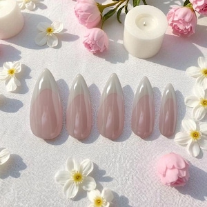 French Nail Style, Hand-Painted Medium Almond pictured, Natural Tips, Chrome Wedding Nails, 10-Piece Set