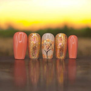 Press-On Fall Nails Set, 10 Custom Reusable Fake Nails, Orange & Gold Glitter, Multi-Colored Autumn Nail Art