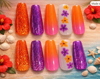Neon Ombre Press On Nails | Orange Pink Purple Glitter Tropical Flowers