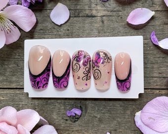 Purple Butterfly Press On Nails – Elegant Nude & Lavender Swirl Art – Hand‑Painted Soft Glam Nail Set