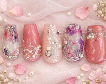 Bridal press on nails | floral wedding nails with cat eye shimmer | pink boho botanical set | glitter manicure tips, gyaru nails