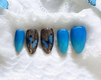 Cute blue nails press ons | butterfly accent nails | summer ombre set | trendy y2k fairy nails | party blue nail tips