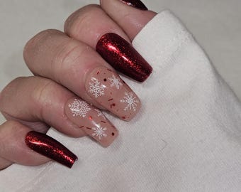 Let It Snow Red & White Snowflake Press-On Nails | Winter Holiday Glitter Festive Nail Set