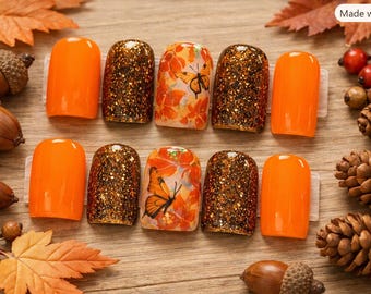 Fall Autumn Cat-Eye Press On Nails - Yellow Brown Orange Red Gold Glitter Butterfly Short Square
