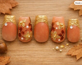 Coquette Gold Floral Press-On Nails - Hand-Painted Brown Fall Flower Set, Luxury Artisan Gyaru Nail Art
