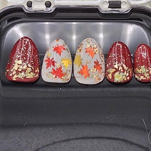 Fall nails, Autumn design, Maple Colored, Short Almond Style, Hand-Painted Glitter Accent Nails. Made to Order with Nail Kit