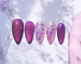 Purple Glitter Press On Nails • Gold Geometric Nail Art • Long Almond Nails • Shimmer Purple Nail Set • Elegant Glam Press Ons Summer set