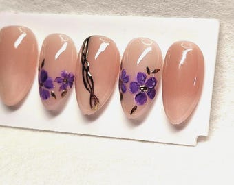 French nails press on | Nude almond press on nails with purple flower design | Short to long sizes | Reusable kit