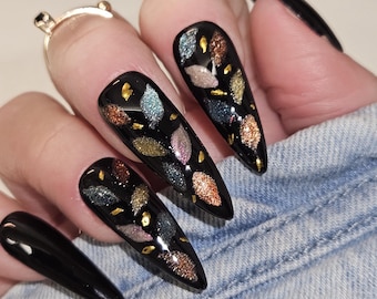 Black Cat-Eye Press-On Nails with Multi-Colored Autumn Leaf Art - Fall Nail Design