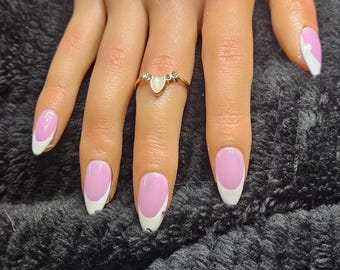 Pink French Tip Press On Nails | Long Almond Shape | Modern Soft Manicure | Elegant Everyday Nail Set