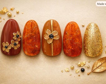 Floral Press-On Nails - Hand-Painted Brown Fall Flowers, Luxury Marble & Glitter Design, Romantic Autumn Nail Art