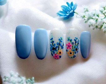Hand Painted Blue Floral Press On Nails – Pastel Gradient Spring Nail Art Set