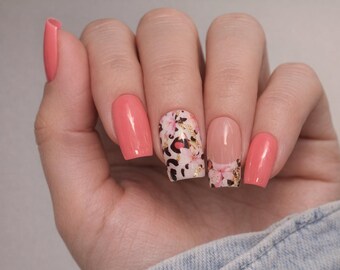 Coral Pink Floral Leopard French Tip Press On Nails, Spring Summer Glam Set