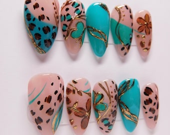 Leopard Print Press On Nails | Teal Floral Glue Ons with Burnished Gold Accents | Reusable Handmade Set