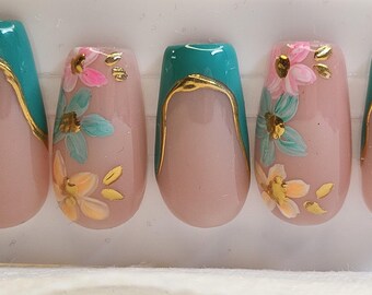 Aquamarine, Floral, Pink, French Chrome, Beach Press On Nails: Hand Painted Reusable False Nails