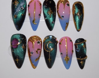 Gothic Galaxy Press-On Nails Black Purple Cat Eye Gold Celestial Witchy 3D Art Moon Chrome