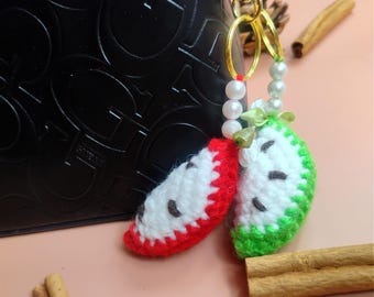Crochet Apple Slice Keychains, Handmade Apple Fruit Charm with Pearls, Fruit Keychain, Bag Charm, Purse Accessory, Handmade Gift