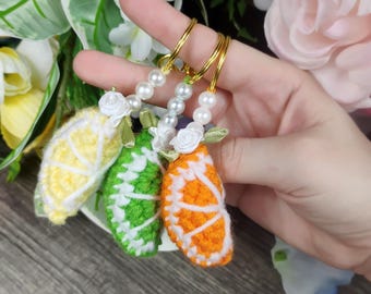 Crochet Citrus Keychain Bundle: Handmade Lemon Lime Orange Fruit Charm Set