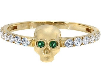 Solid 10k Yellow Gold Skull Ring Green Cubic Zirconia Skull Ring Skeleton Ring Genuine Gold Ring Real Gold Ring Cz Skull Ring Real Gold Ring